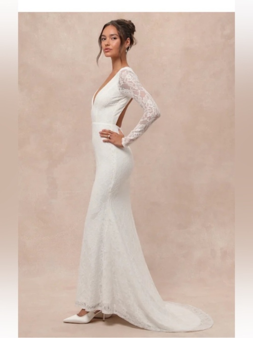 NWT Lulus Elegant V-Neck Long Sleeve Lace Wedding Dress in White